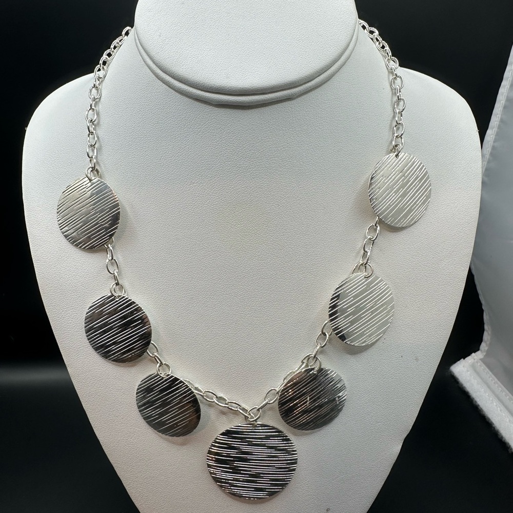 Silver Plated Metal Textured Disc Necklace
